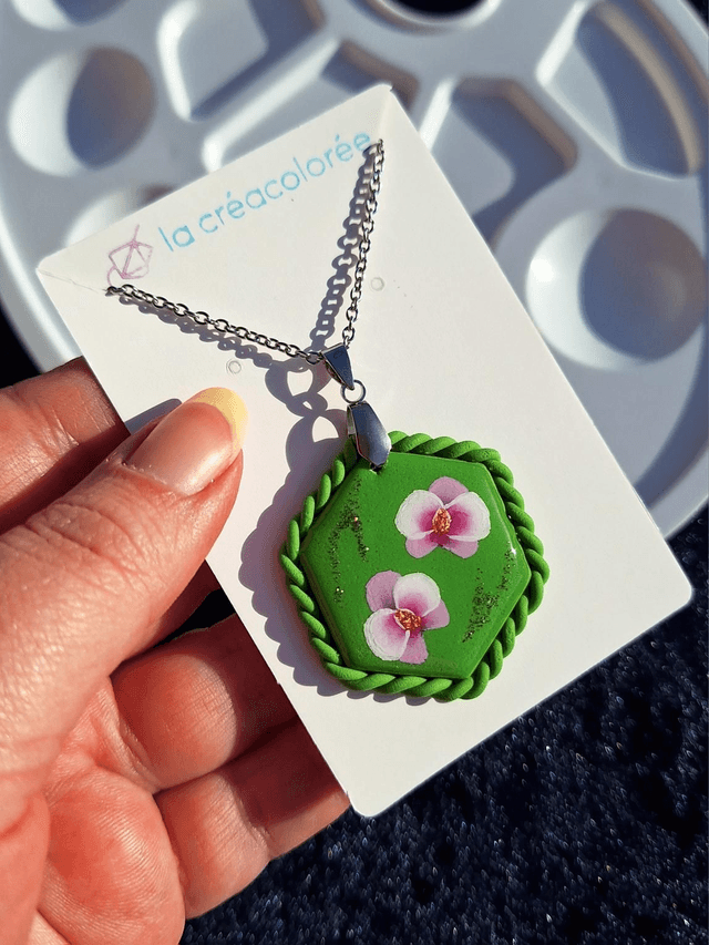 Pendentif Flora - Fleurs roses (hexagone)