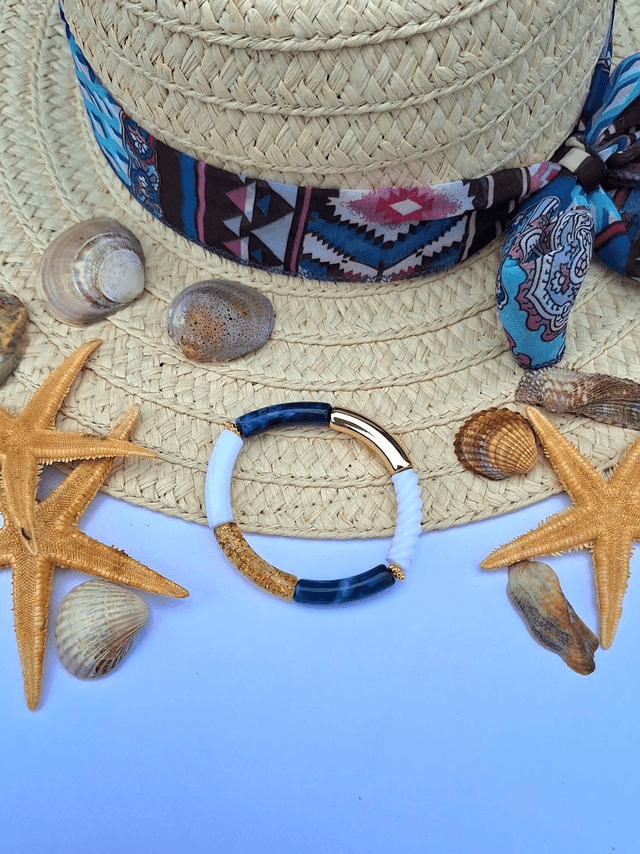 Bracelet Scarlett - 💙🤍 et doré (avec perles rondelles)