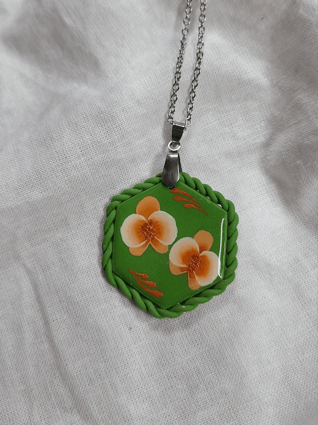 Pendentif Flora - Fleurs oranges (hexagone)